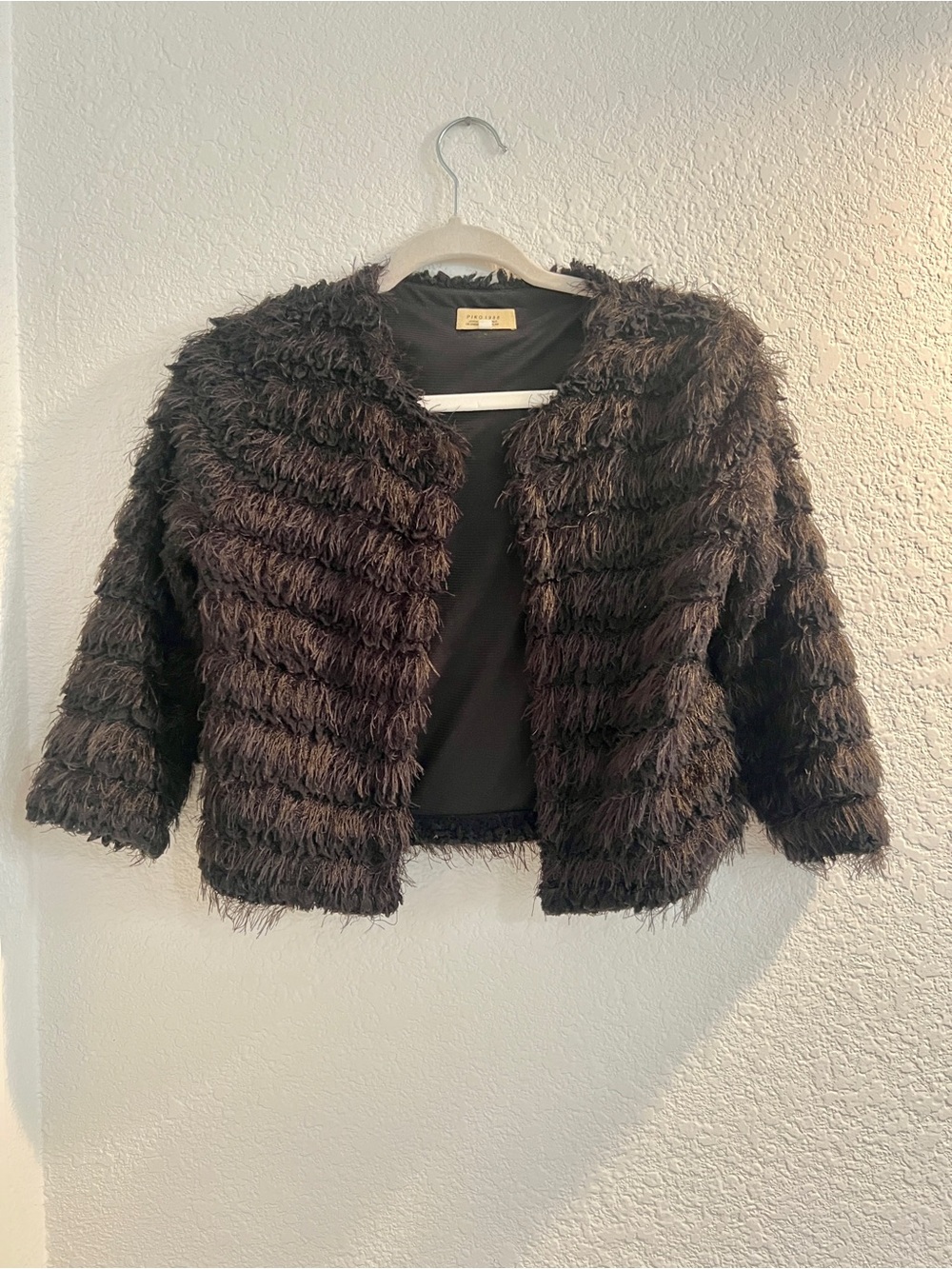 Piko 1988 Black Shaggy Fringe Crop Jacket Open Front Size S